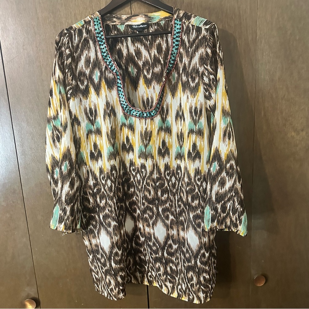 Stylish Multicolor Club Z Collection Women's Beaded Boho Tribal Beaded Blouse XL - Picture 2 of 12